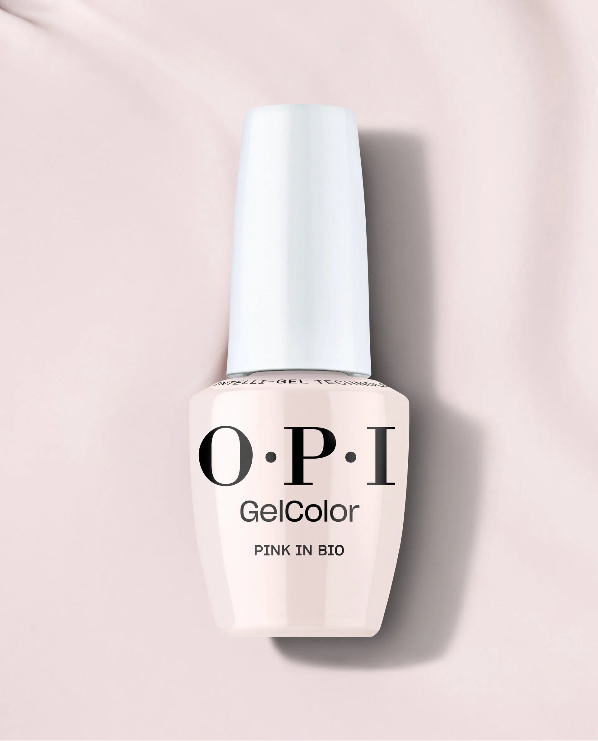 OPI Intelli GelColor Pink in Bio gel nail polish bottle with pink shade, shiny finish, and label visible.