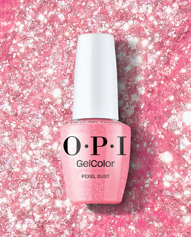 OPI Intelli GelColor Pixel Dust gel nail polish in GCD51 with a shimmering, textured finish and vibrant color.