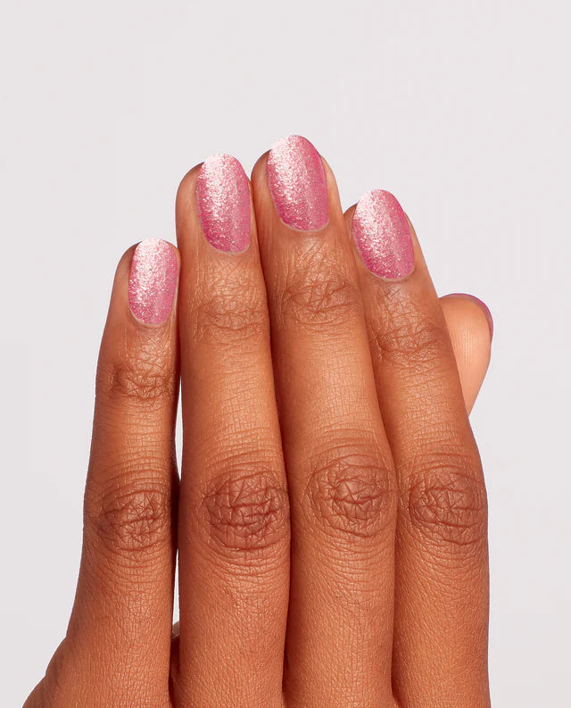 OPI Intelli GelColor Pixel Dust gel nail polish applied on nails with a sparkly pixel dust finish, showcasing vibrant, shiny manicure.