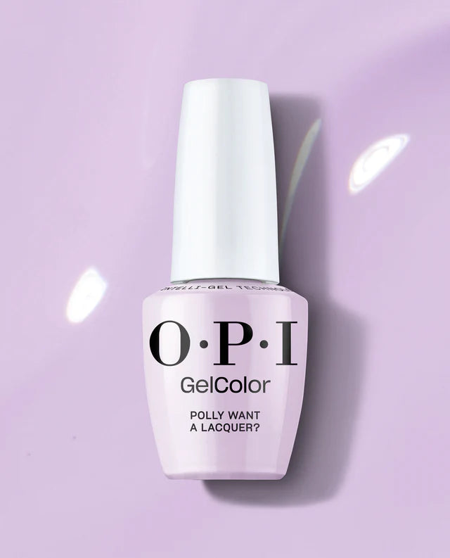 OPI Intelli GelColor Polly Want A Lacquer gel nail polish in vibrant blue shade, displayed in a sleek bottle with colorful background.