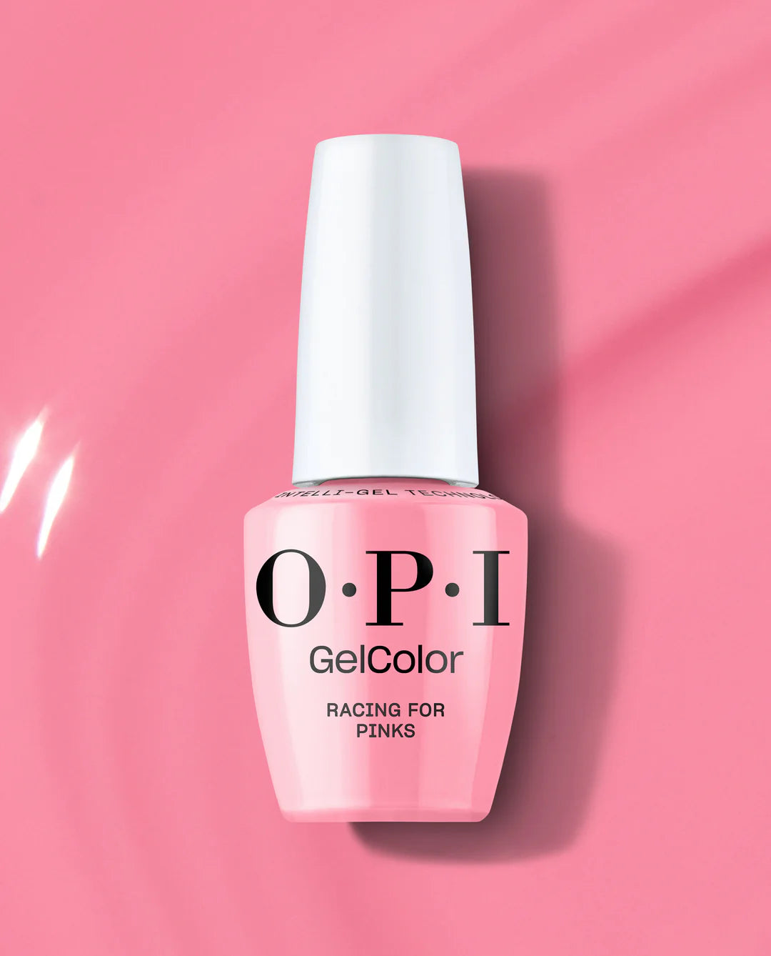 OPI Intelli GelColor Racing for Pinks gel nail polish in vibrant pink shade, displayed in a sleek bottle.
