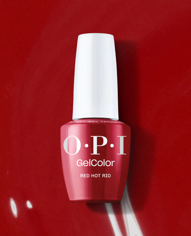 OPI Intelli GelColor Red Hot Rio gel nail polish in vibrant red shade with a glossy finish, shown in a close-up image.