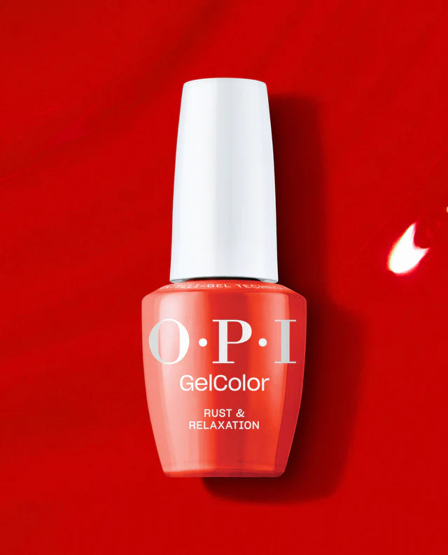 OPI Intelli GelColor Rust & Relaxation gel nail polish bottle with rust and neutral tones, showcasing the product label and applicator.