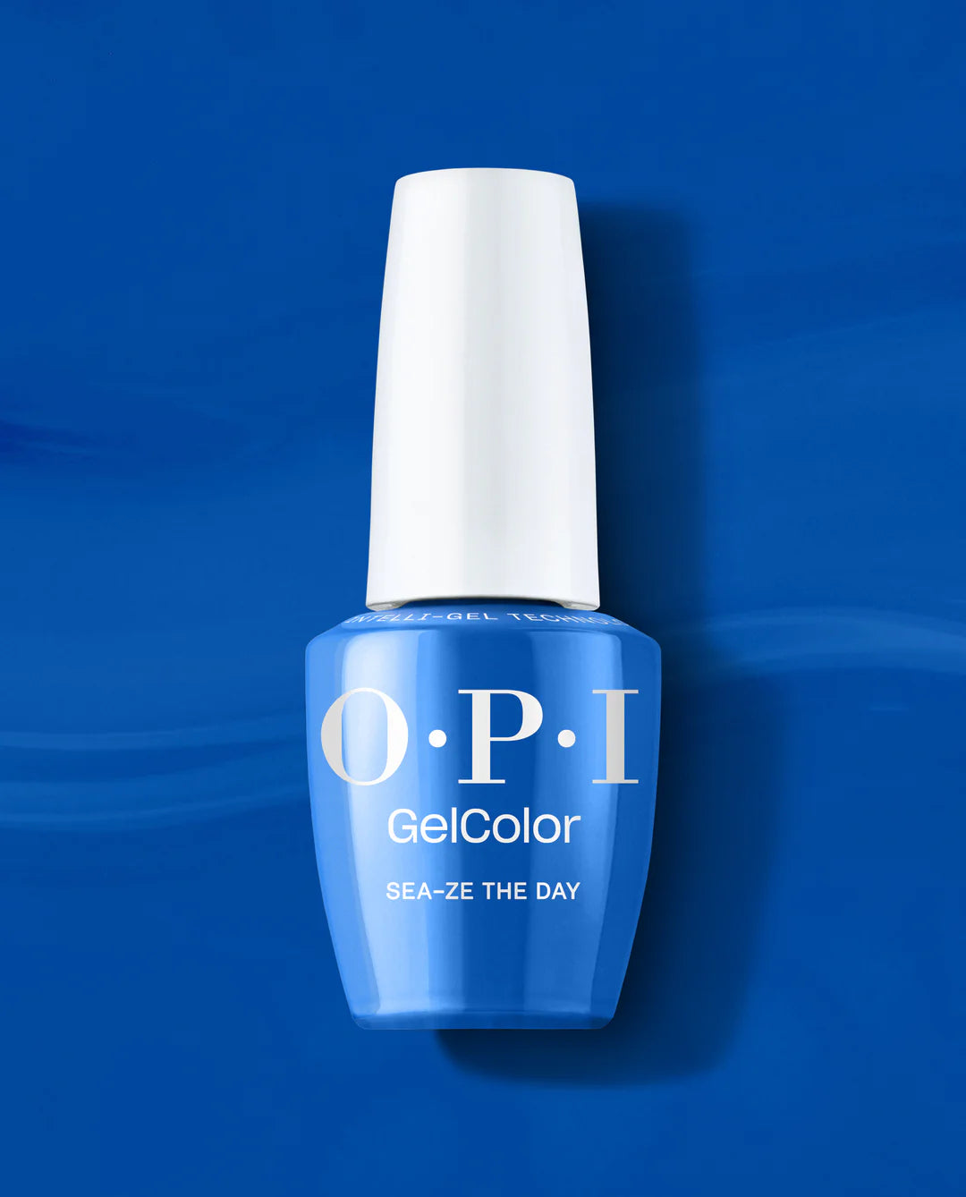 OPI Intelli GelColor Sea-ze The Day gel nail polish bottle with label, showcasing vibrant blue-green color and sleek design.