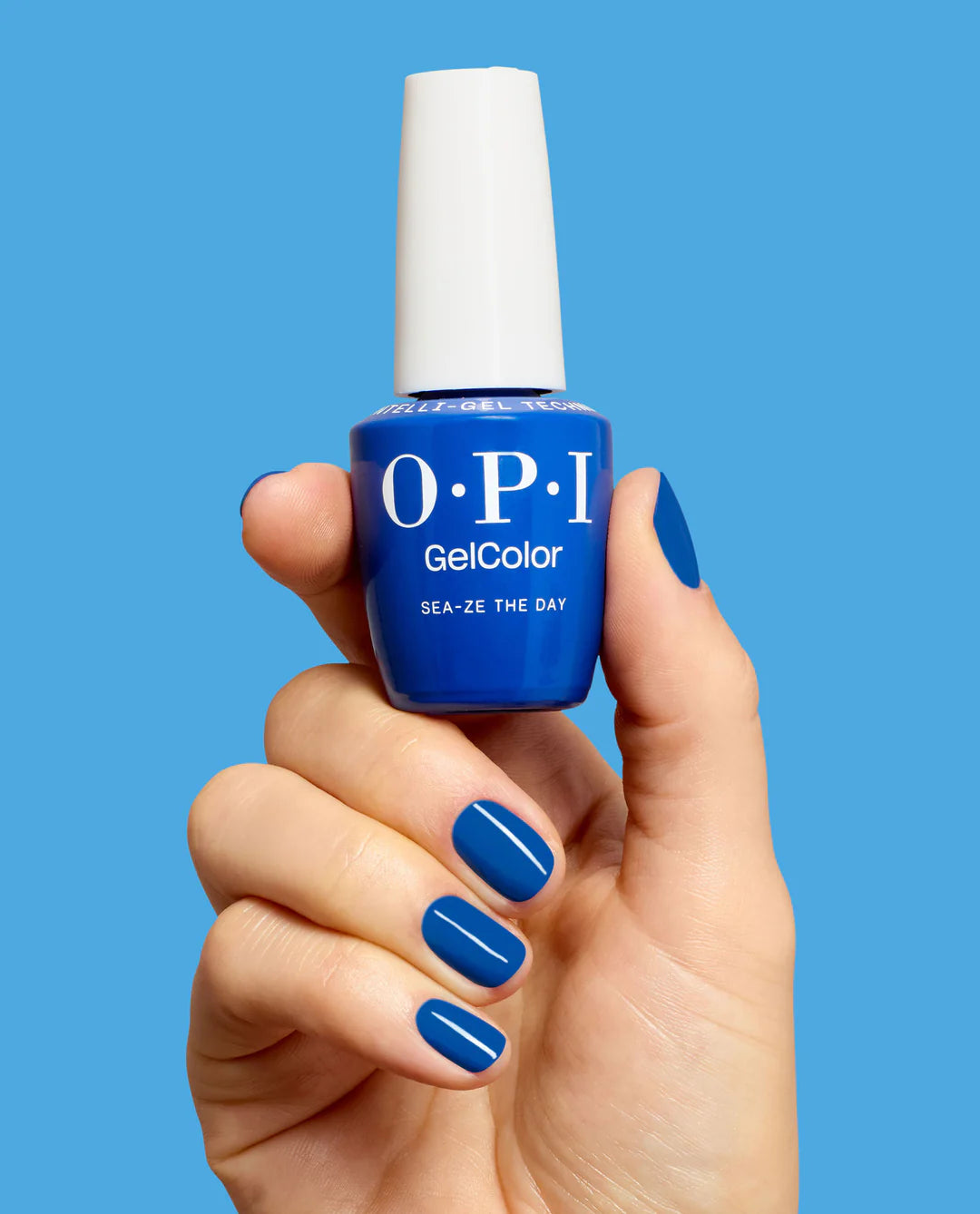 OPI Intelli GelColor Sea-ze The Day gel nail polish bottle with hand displaying the vibrant blue-green gel color.