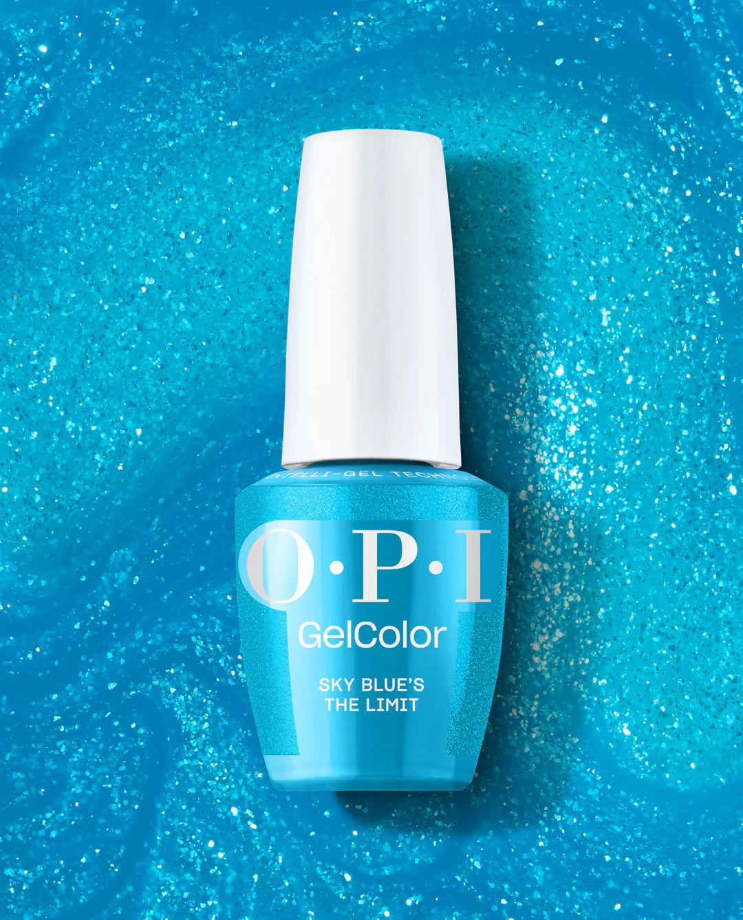OPI Intelli GelColor Sky Blue's The Limit gel nail polish bottle with a sky blue cap and label, showcasing vibrant blue gel polish.