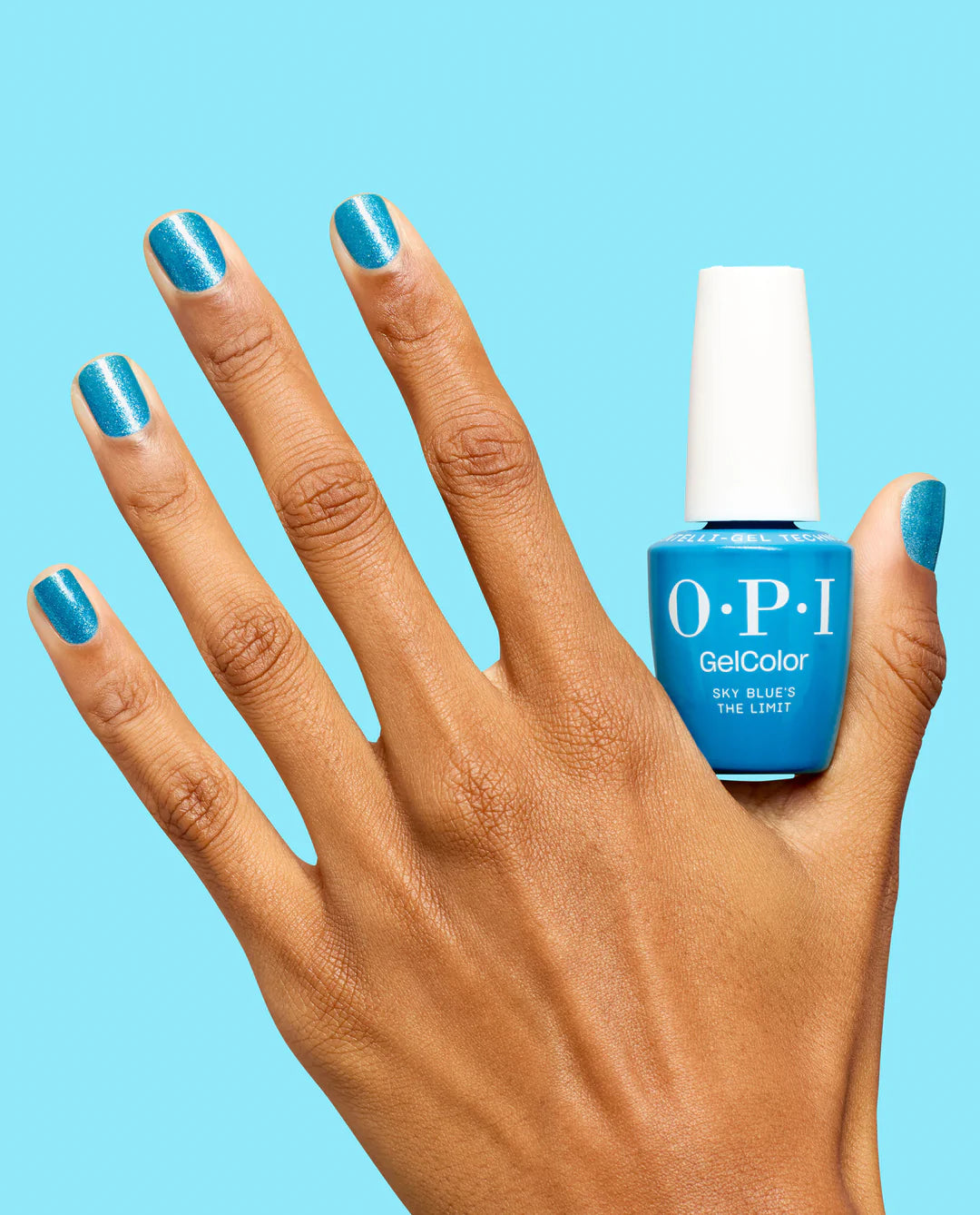OPI Intelli GelColor Sky Blue's The Limit gel nail polish bottle with hand showing the vibrant sky blue color on nails