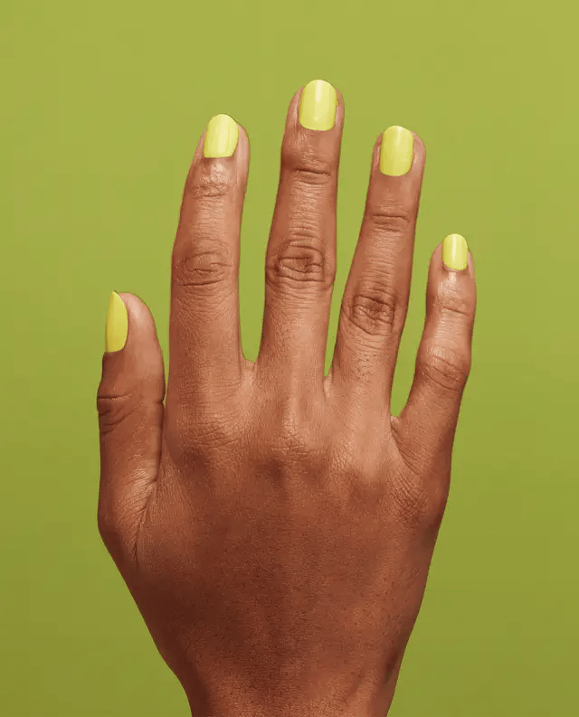 OPI Intelli GelColor Stay Out All Bright gel nail polish in a vibrant, sunny yellow shade with smooth, glossy finish.
