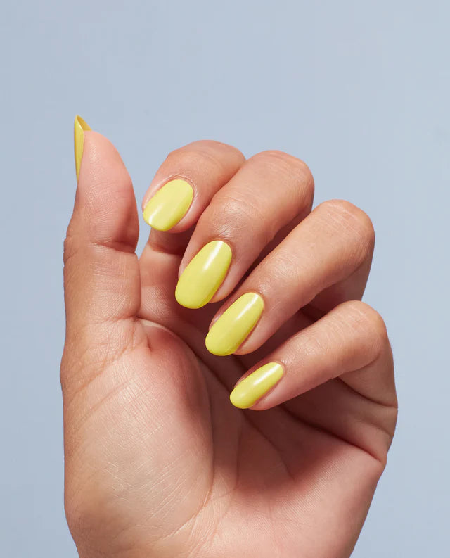 Close-up of OPI Intelli GelColor Stay Out All Bright gel nail polish on fingernails with a vibrant, glossy finish.