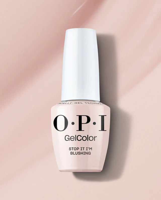 Opi Intelli GelColor Stop It I'm Blushing gel nail polish in a soft pink shade displayed in a bottle with a white cap.