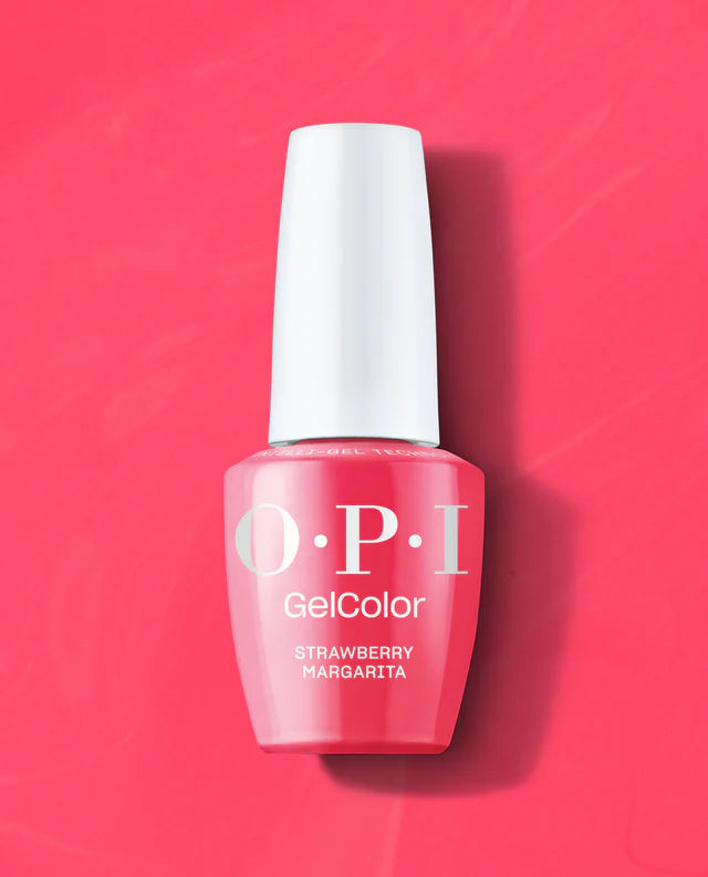 OPI Intelli GelColor Strawberry Margarita gel nail polish in vibrant pink with glossy finish on a nail swatch