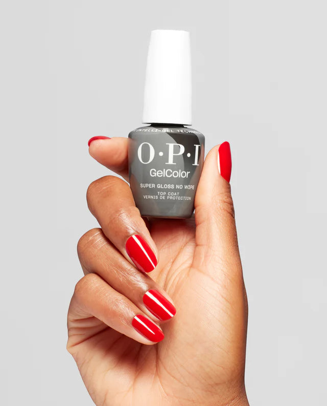 Opi Intelli GelColor Super Gloss No Wipe Top Coat gel nail polish bottle with hand showing finished manicured nails.