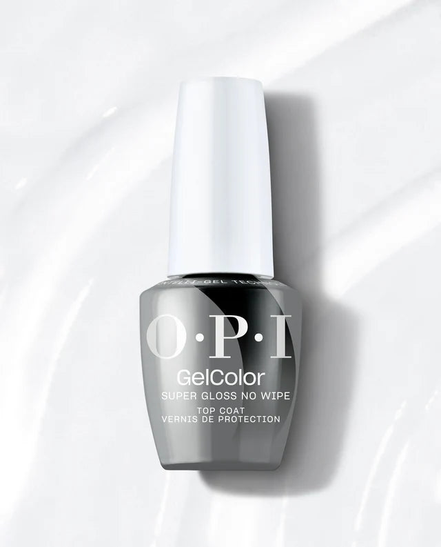 Opi Intelli GelColor Super Gloss No Wipe Top Coat for gel nail polish, clear finish on neatly manicured nails.