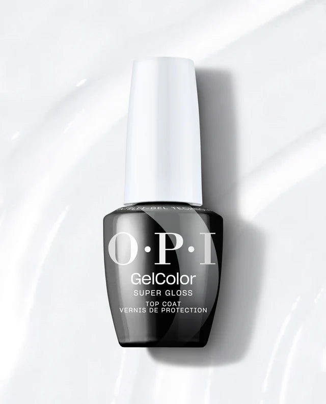 OPI Intelli GelColor Super Gloss Top Coat GC003 for gel nail polish, clear glossy finish, bottle with branding visible