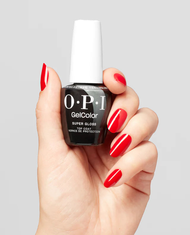 OPI Intelli GelColor Super Gloss Top Coat GC003 applied on gel nails, bottle displayed, showcasing a high-gloss finish for gel nail polish.