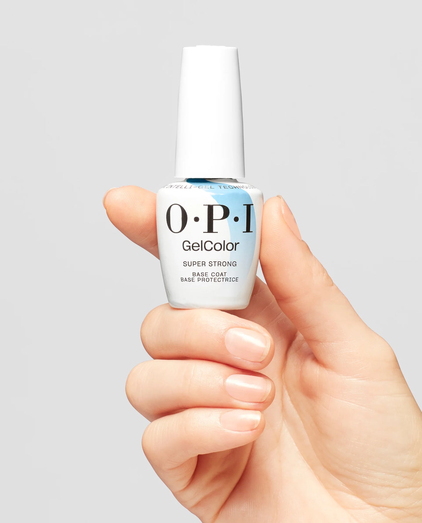 OPI Intelli GelColor Super Strong Base Coat bottle with hand displaying gel nail polish application on nails.