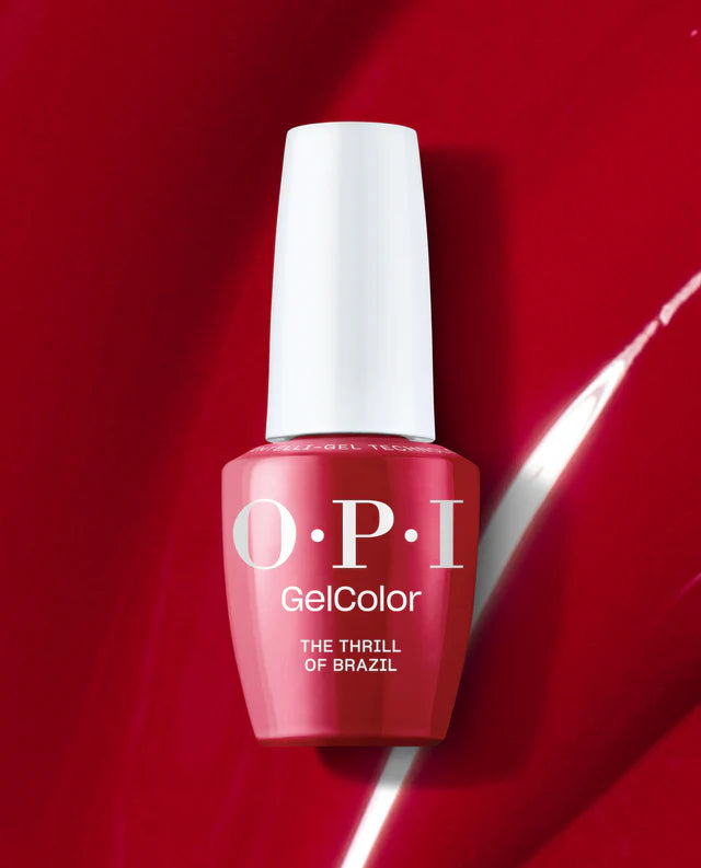 OPI Intelli GelColor gel nail polish in The Thrill of Brazil GCA16, vibrant gel nail polish with glossy finish, brand logo visible.