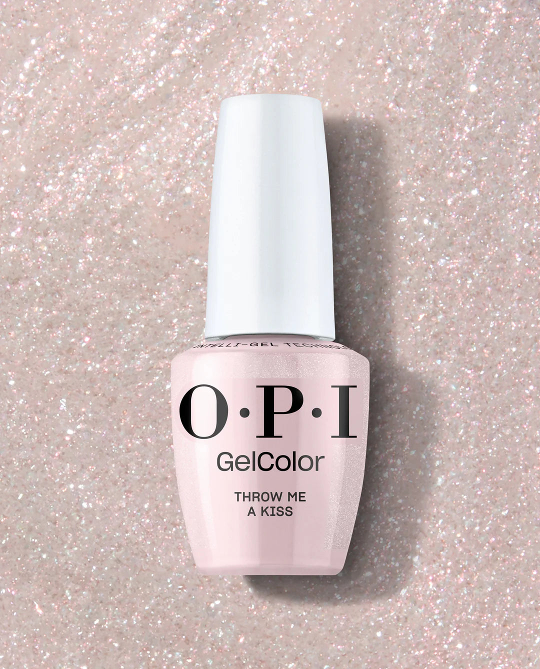 OPI Intelli GelColor Throw Me A Kiss gel nail polish in a vibrant pink shade, shown in a sleek bottle with a white cap.