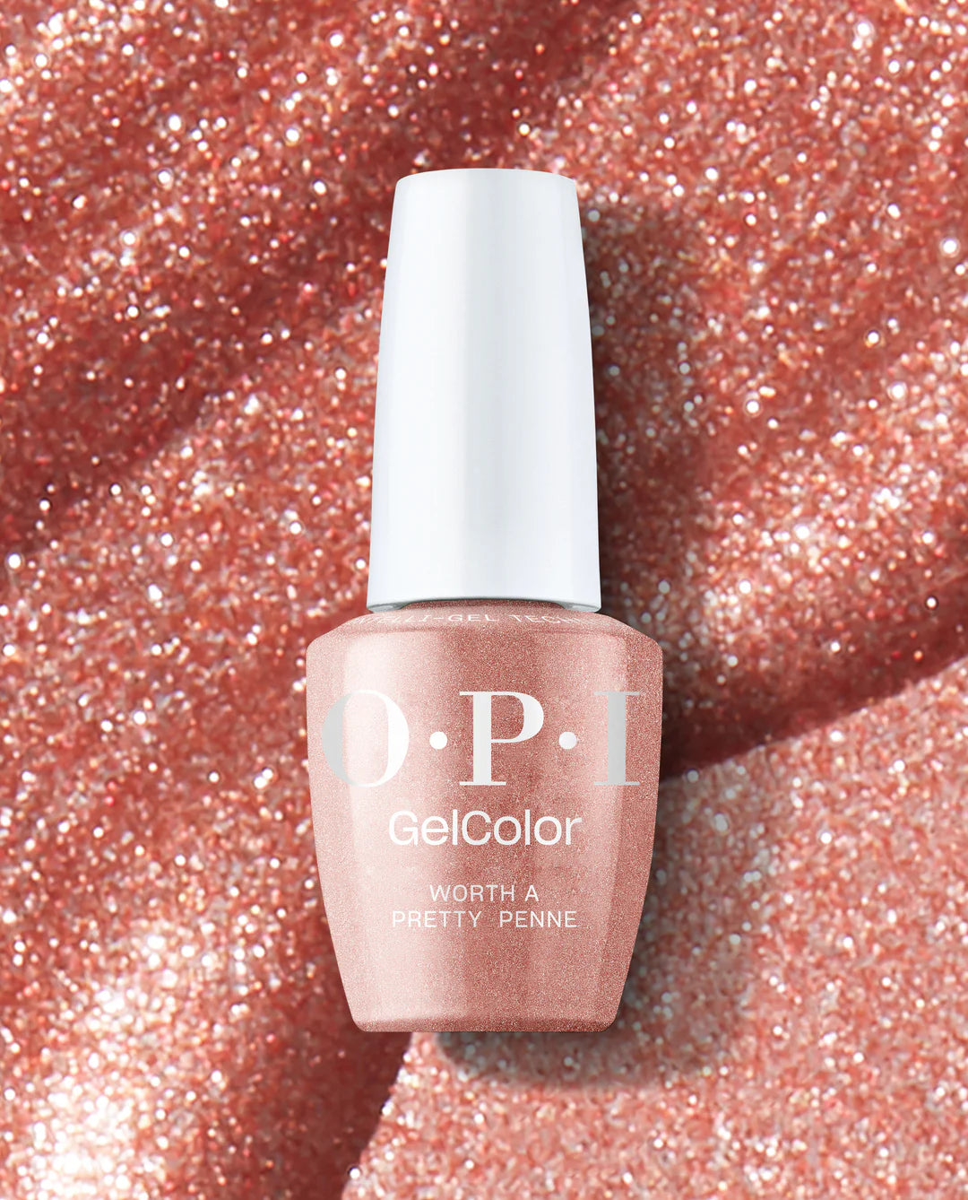OPI Intelli GelColor Worth A Pretty Penne gel nail polish bottle with a black cap and label, showcasing vibrant pink color.