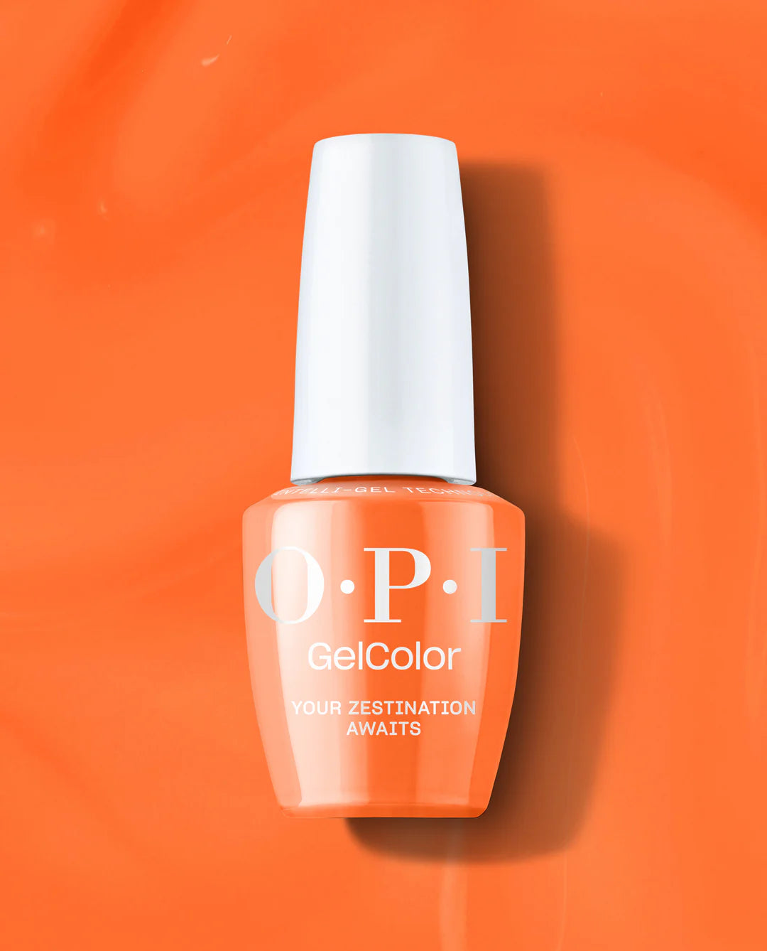OPI Intelli GelColor Your Zestination Awaits gel nail polish in a vibrant shade, displayed in a close-up shot of the bottle.