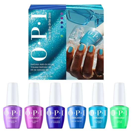 OPI IntelliGel Summer 2026 Trip To The Brite Side Collection gel polish bottles in an add-on kit, showcasing vibrant gel color shades.