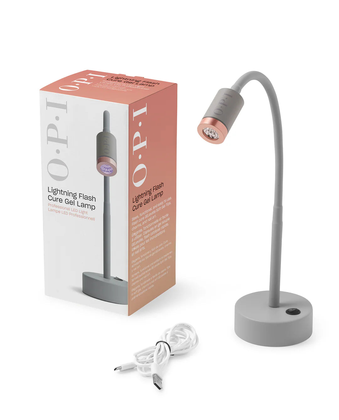 Opi Lightning Flash Cure Gel Lamp by Opi GELevate, compact UV/LED nail curing lamp with packaging and power cord visible.