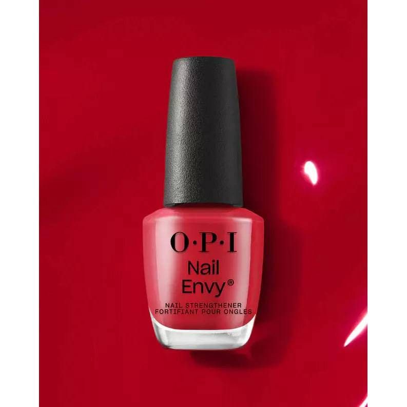 OPI Nail Envy Big Apple Red nail polish bottle, showcasing vibrant red color and sleek design for nail strength treatment.