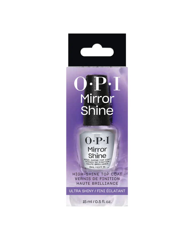 OPI Mirror Shine Top Coat in sleek bottle, designed for glossy, long-lasting nail finish as part of OPI nail treatments.