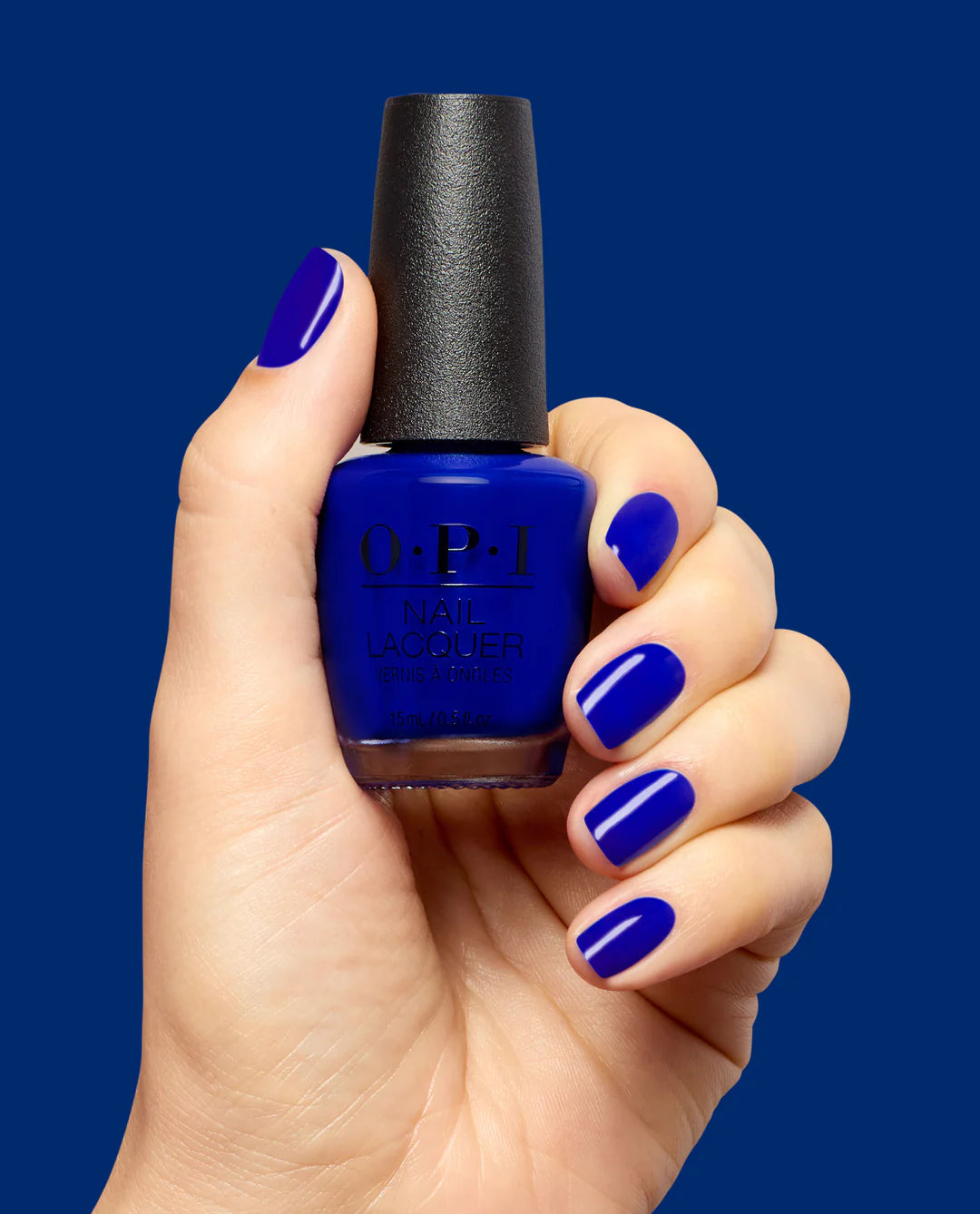 OPI Nail Polish in Catch a Wave of Happiness NLS075, showing a vibrant blue nail lacquer with smooth application.