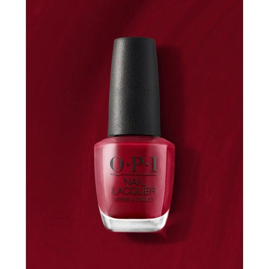 OPI Chick Flick Cherry nail polish bottle with bright red color and OPI branding, displayed on a neutral background.