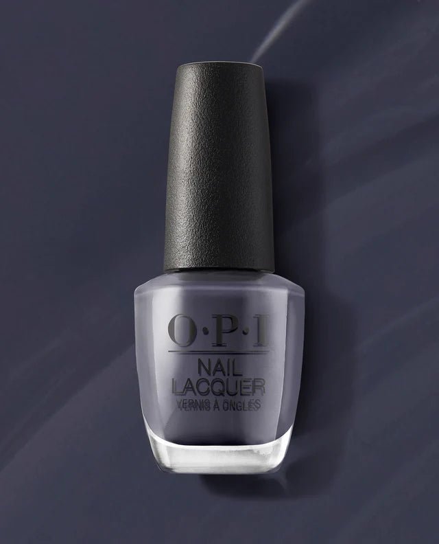 OPI Nail Polish Less is Norse #I59 bottle with dark gray lacquer, displaying the nail polish brand and product color.