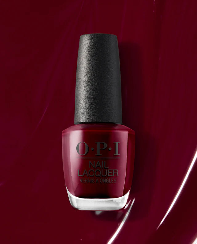 OPI Nail Polish in Malaga Wine shade, deep burgundy nail lacquer with glossy finish, showcasing the bottle and brush.