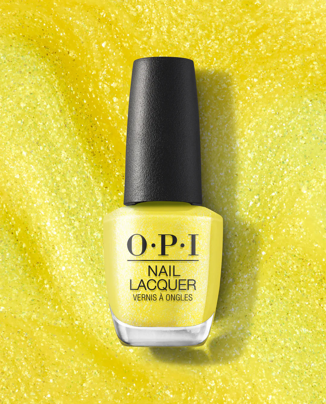 OPI Nail Polish Paintin' on Sunshine! Of My Life NLS079 bottle with bright yellow nail lacquer and OPI branding.
