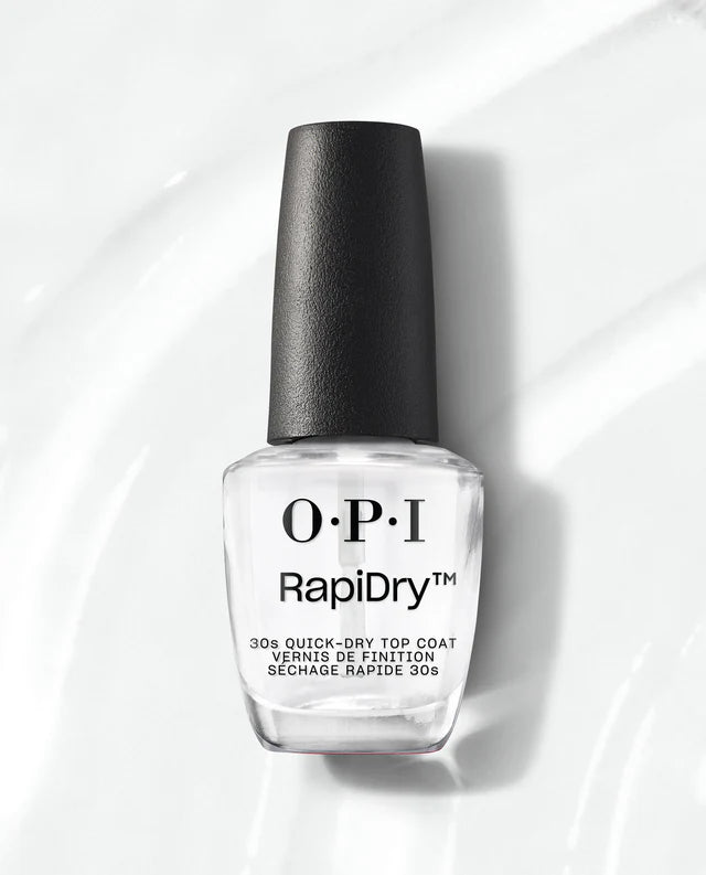 OPI RapiDry Top Coat nail polish treatment with quick-drying finish and protective formula, showcased in a sleek bottle.