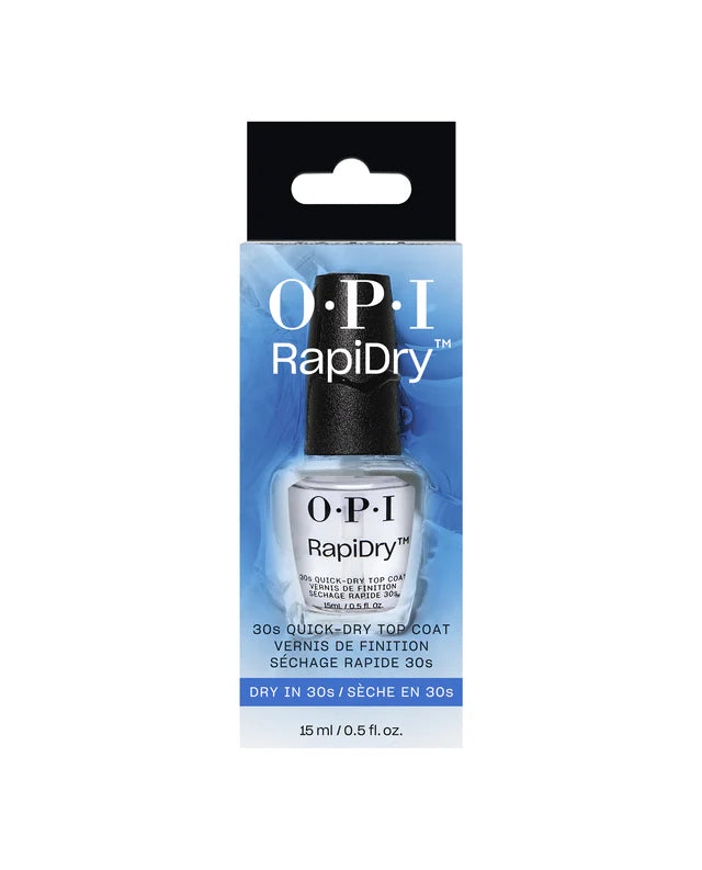 OPI RapiDry Top Coat nail polish treatment with fast-drying finish and protective formula, shown in the bottle.