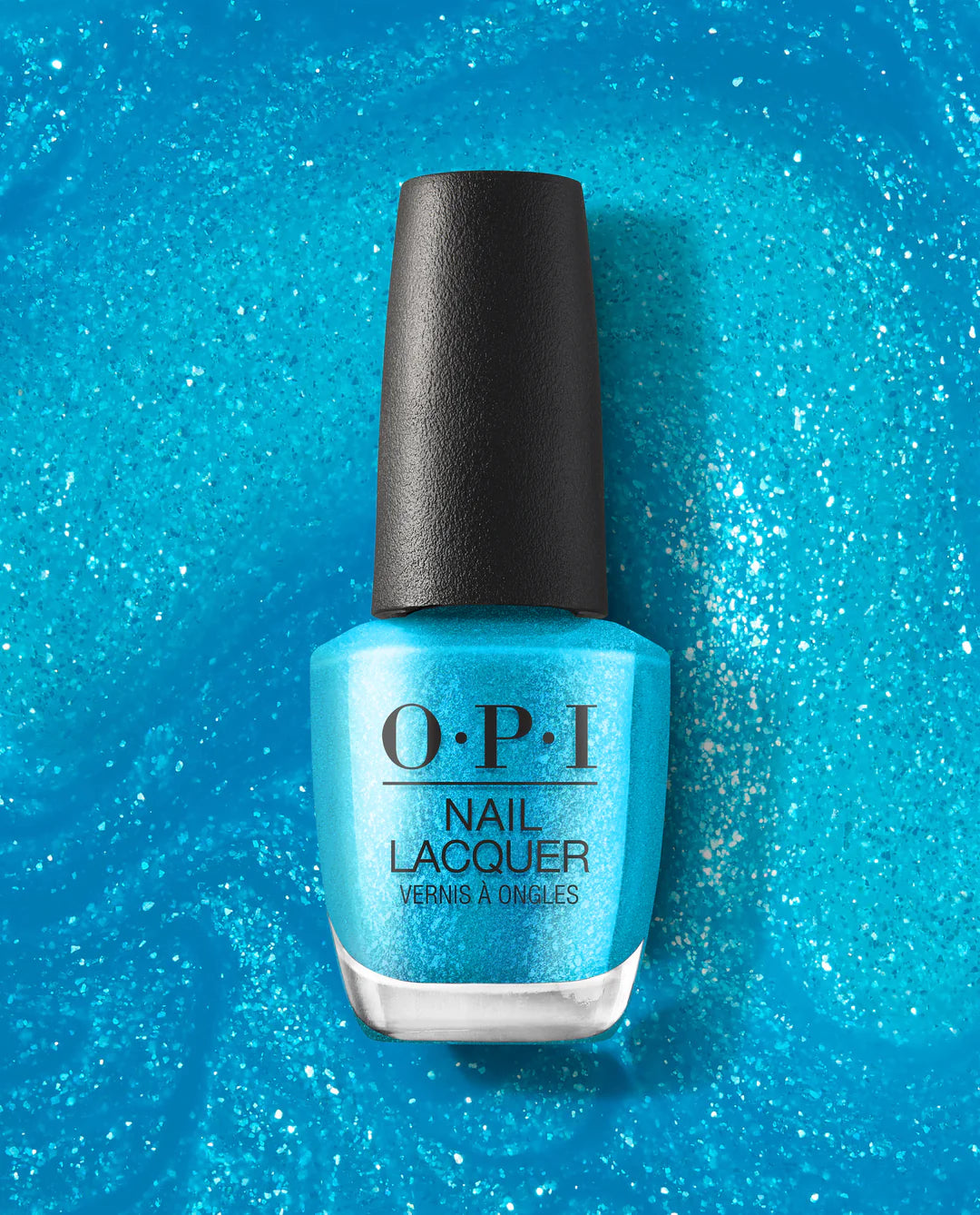 OPI Sky Blue Is the Limit nail polish bottle showing vibrant sky blue lacquer in a clear glass bottle with black cap