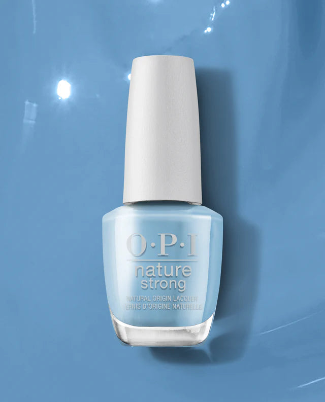 OPI Nature Strong Big Beautiful Planet #T036 natural origin nail lacquer in a vibrant blue shade, displayed in a sleek bottle.