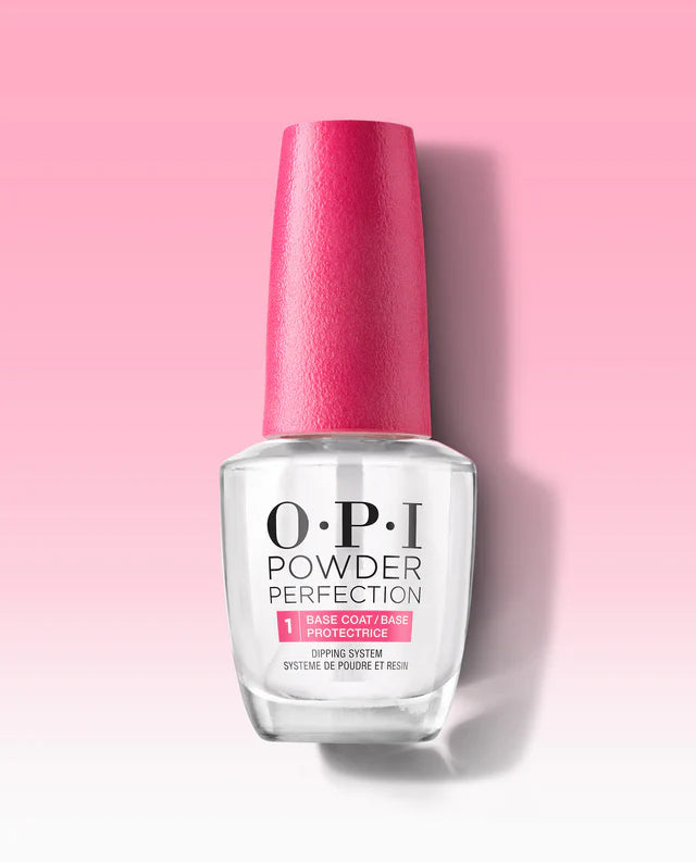 OPI Powder Perfection Powder Nail Color base coat in a dipping powder bottle with a sleek black cap and clear label.