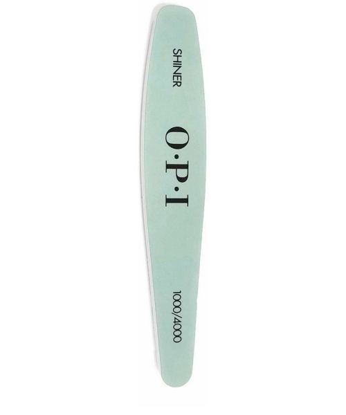 OPI Shiner Green gel nail polish file with 1000/4000 grit for smoothing and shaping gel nails, featuring a bright green color and ergonomic design.