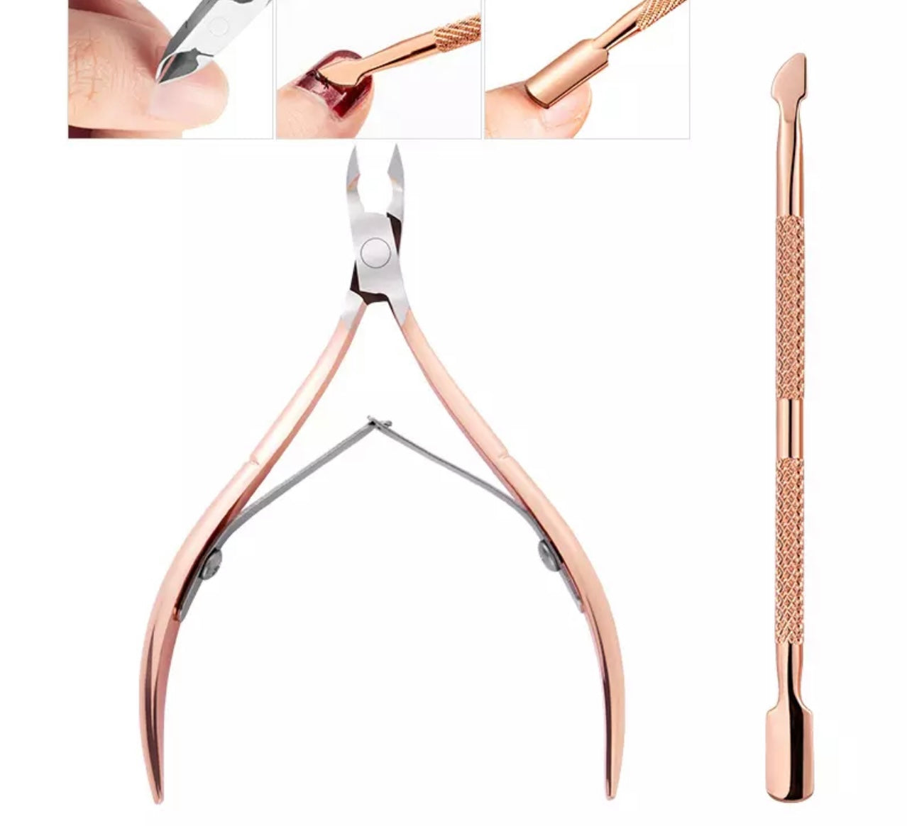 Rose gold Sofi Art nail cuticle nipper and pusher set with precise tips for removing dead skin and grooming cuticles.