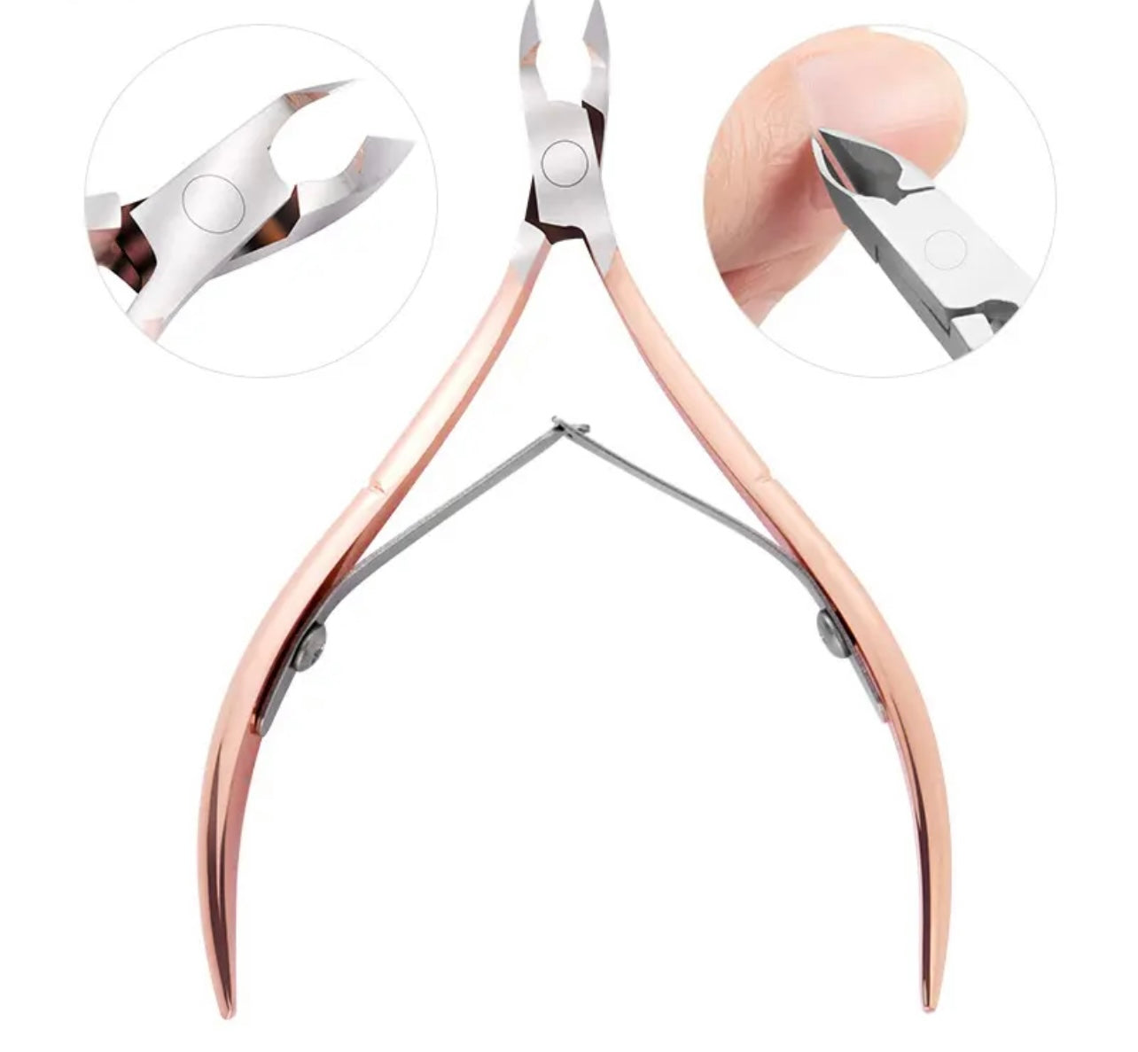 Rose gold nail tools set with cuticle nipper and pusher for removing dead skin, by Sofi Art.
