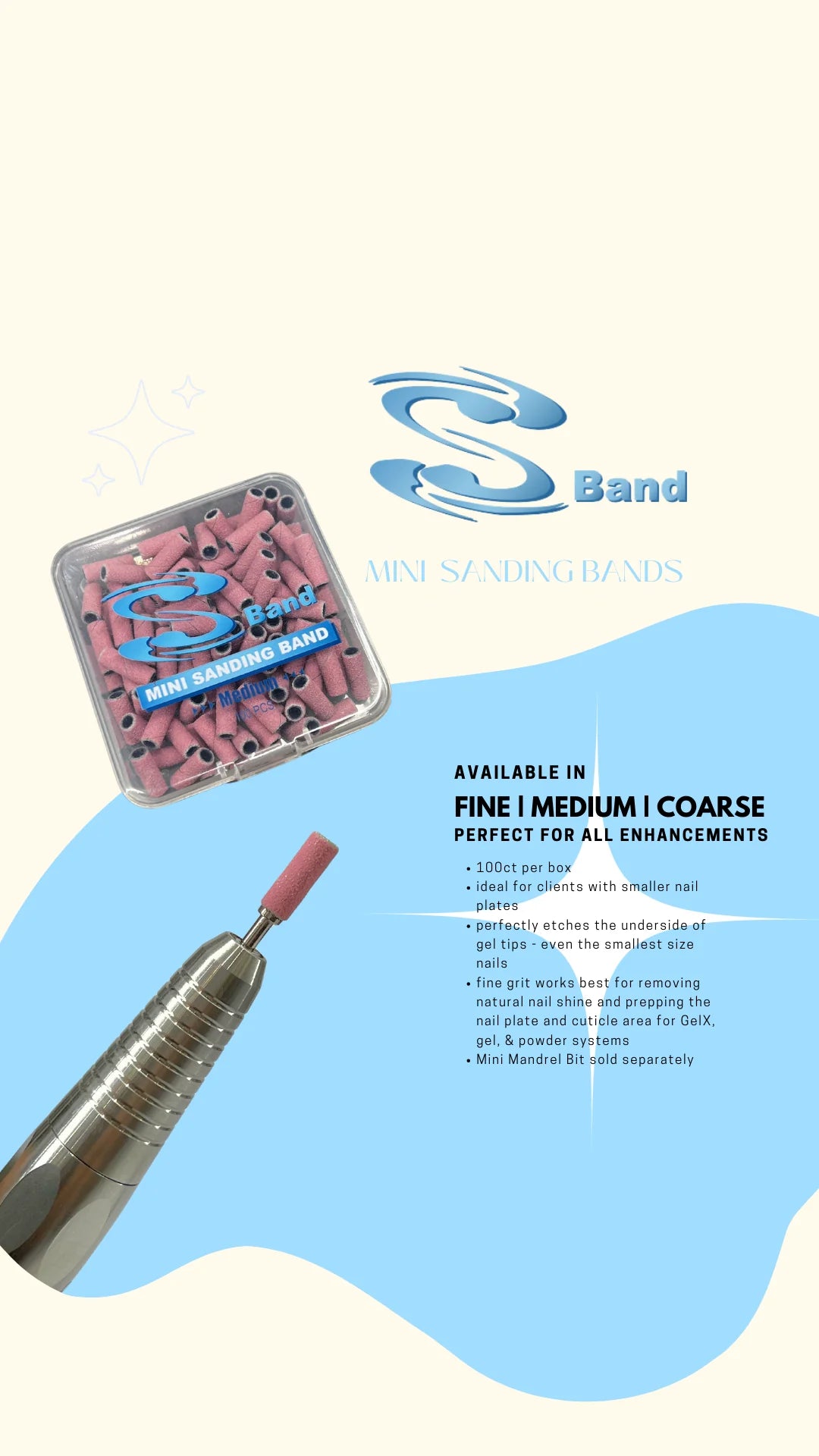 Pink Sband Mini Sanding Bands 100-pack for nail tools by UNS, showing small sanding bands used for nail polishing and shaping.