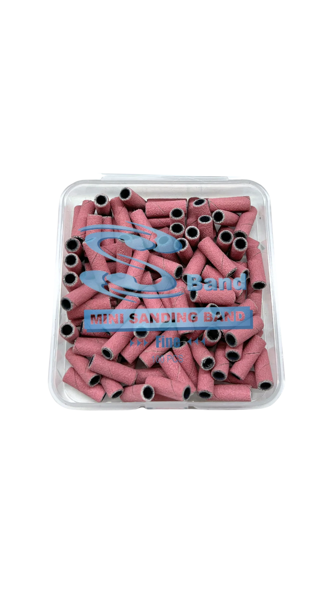 Set of 100 pink Sband Mini Sanding Bands for nails, UNS brand nail tools, showing fine abrasive sanding bands for manicures.