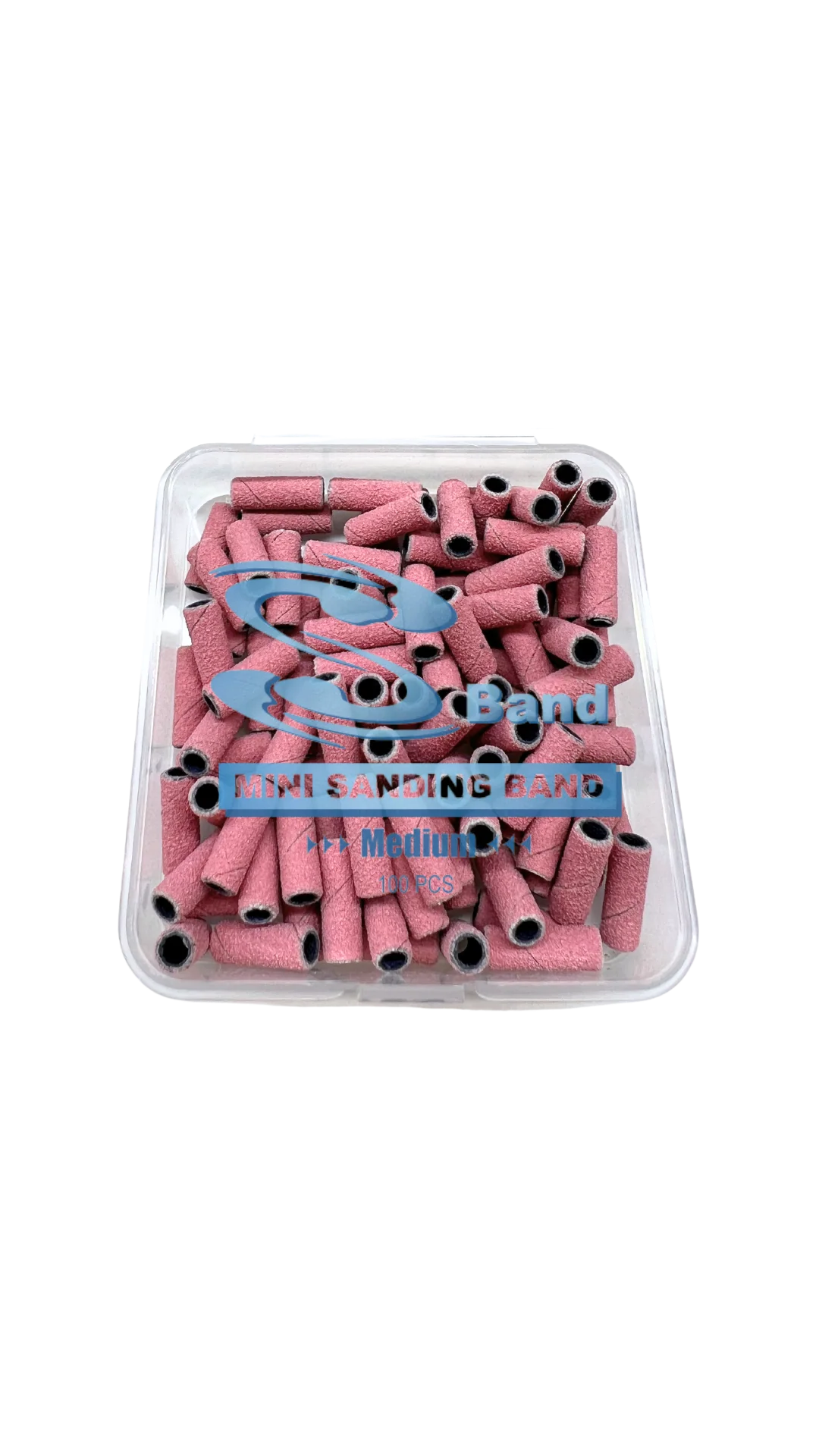 Pink Sband Mini Sanding Bands for nails, UNS brand, 100-pack, small abrasive nail tools for shaping and smoothing nails.