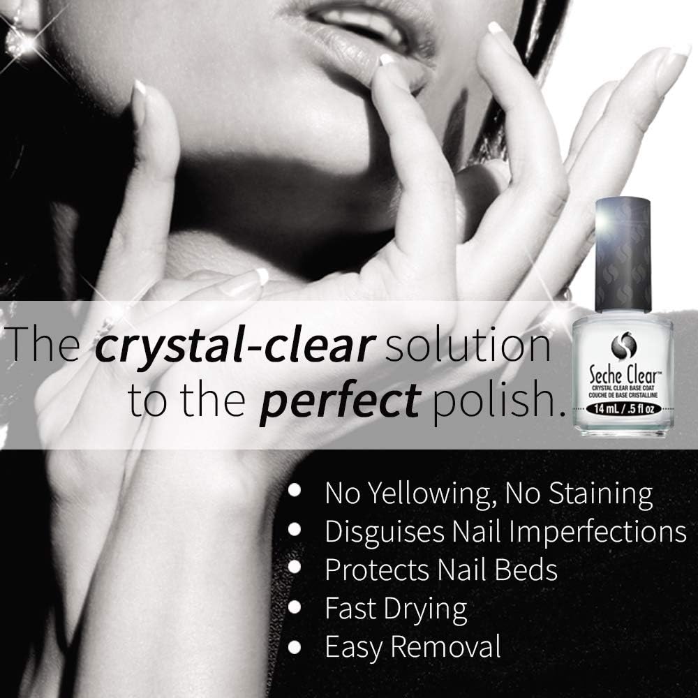 Seche Crystal Clear Base Coat nail polish bottle, 0.5 oz (14 mL), with transparent liquid and label on the bottle.