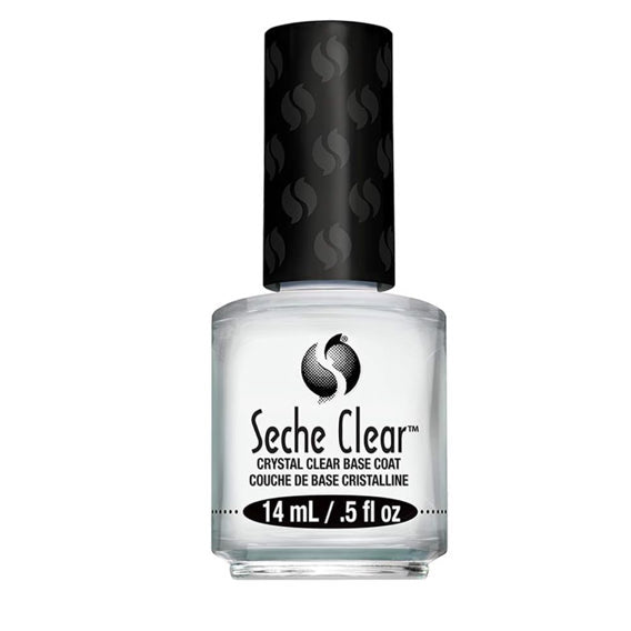 Seche Crystal Clear Base Coat nail polish in 0.5 oz bottle, transparent and smooth for a perfect manicure base.