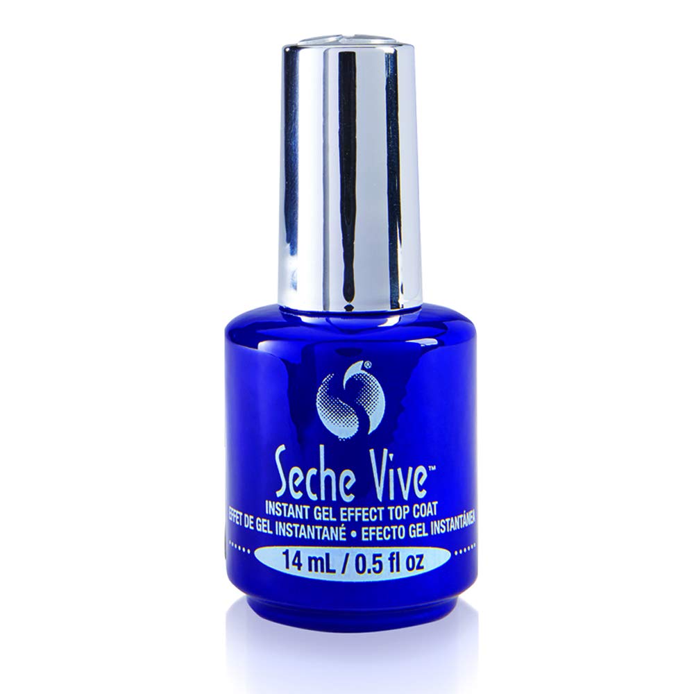 Seche Vive Gel Effect Top Coat nail polish bottle with clear label and black cap, 0.5 oz (14 mL) for a glossy, gel-like finish.