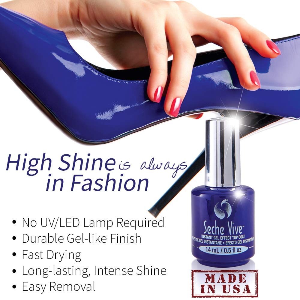 Seche Vive gel effect top coat bottle with black cap and clear label, 0.5 oz nail polish top coat for glossy, long-lasting nails