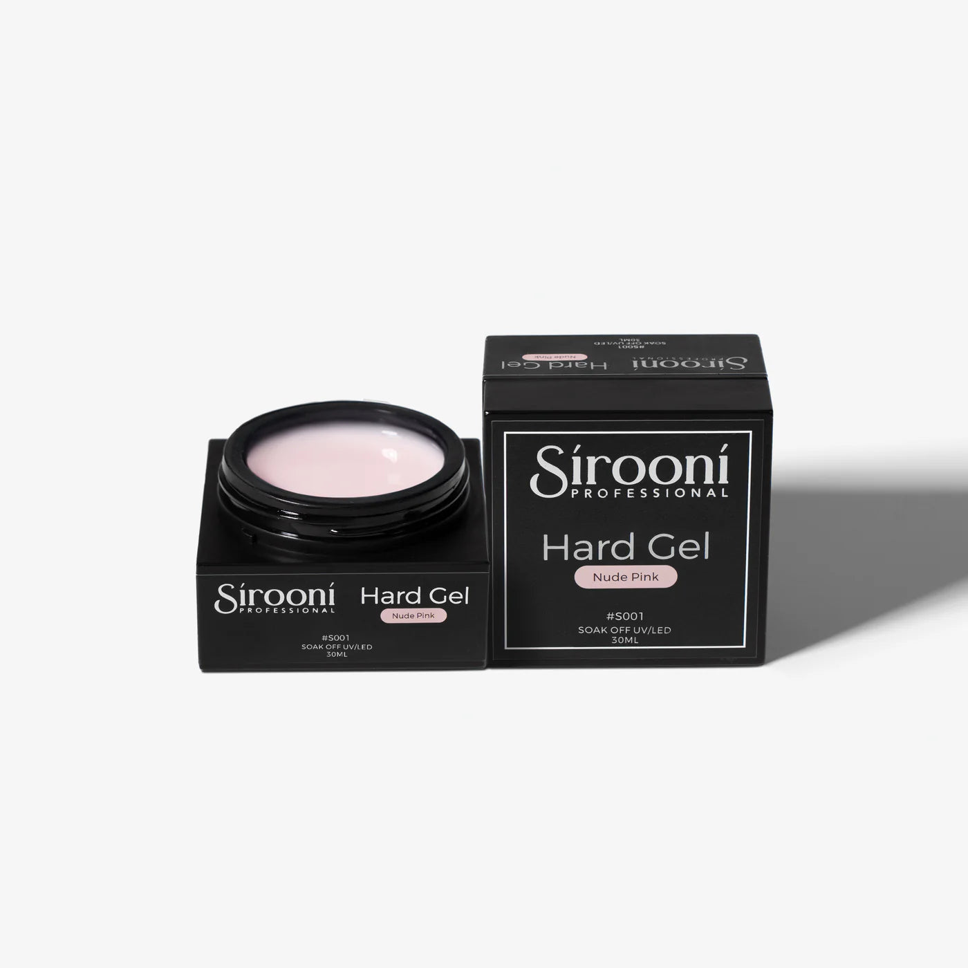 Sirooni Professional Hard Gel in Nude Pink, 30ml, with the top coat bottle featuring the Sirooni logo and product label.