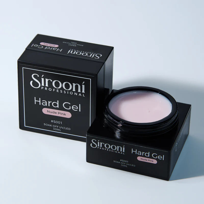 Sirooni Top Coat Hard Gel in nude pink, 30ml, showing the smooth gel texture and applicator brush.